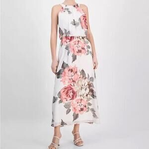 Robbie Bee Women's Sleeveless Floral Print Chiffon Blouson Maxi Dress Sz 10P